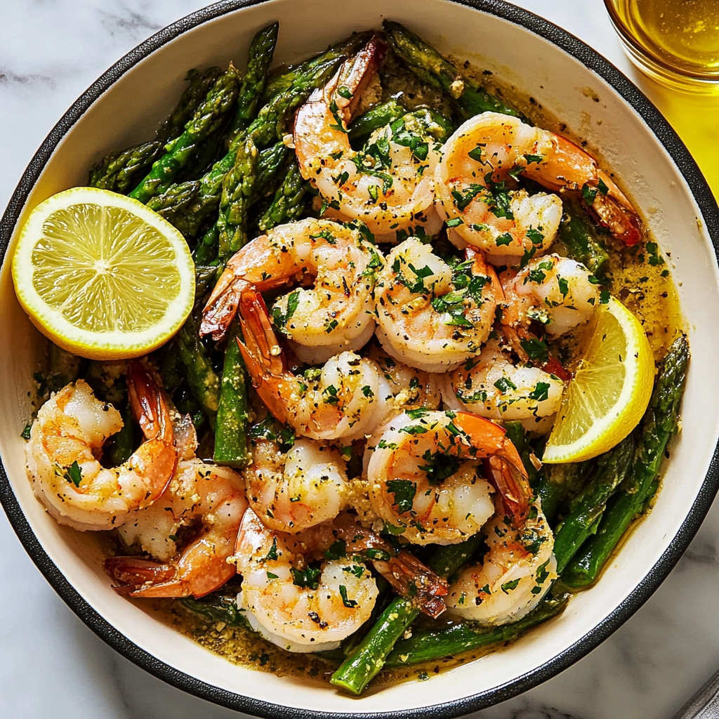 Recipe preparation for Lemon Garlic Butter Shrimp with Asparagus