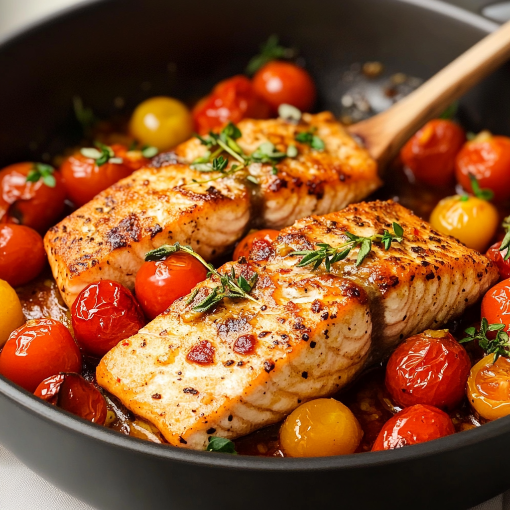 Recipe preparation for Garlic Butter Salmon with Cherry Tomatoes & Basil