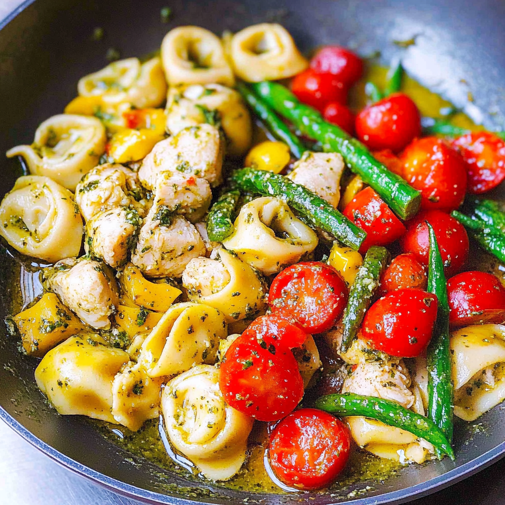 Recipe preparation for Pesto Chicken Tortellini and Veggies