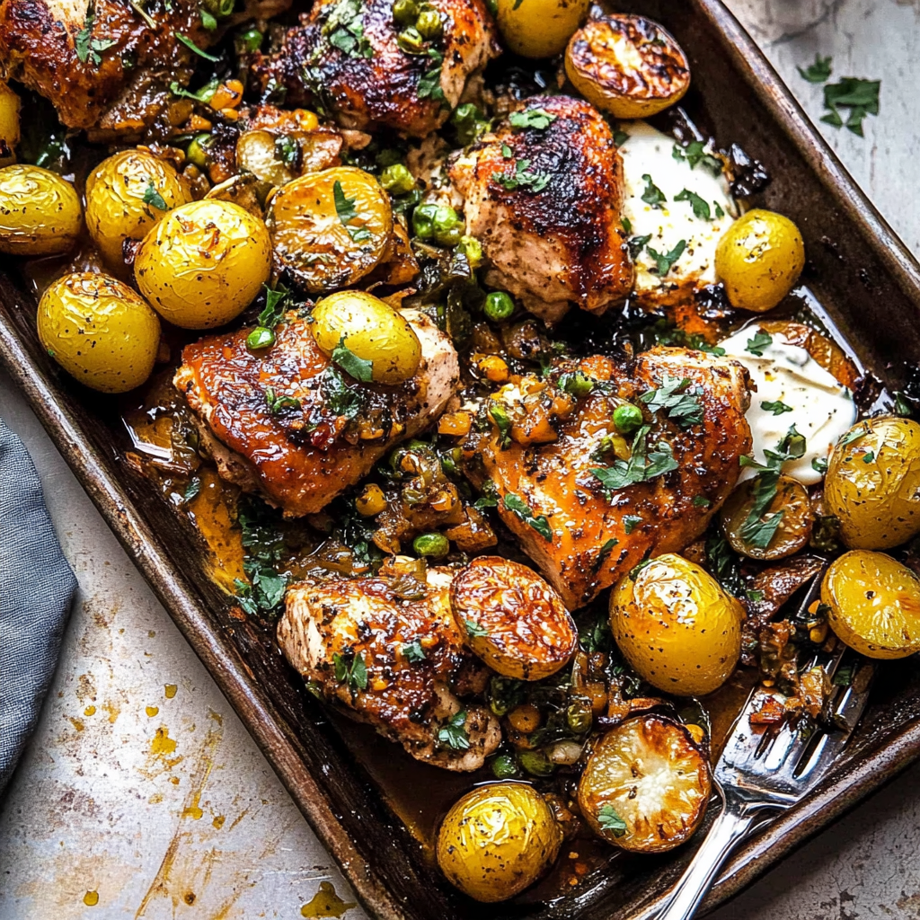 Recipe preparation for Sheet Pan Lemon Balsamic Chicken and Potatoes.