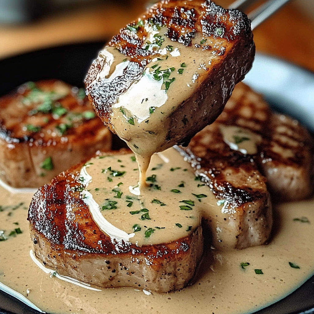 Recipe preparation for Creamy Dijon Pork Chops with Bacon Maple Glaze