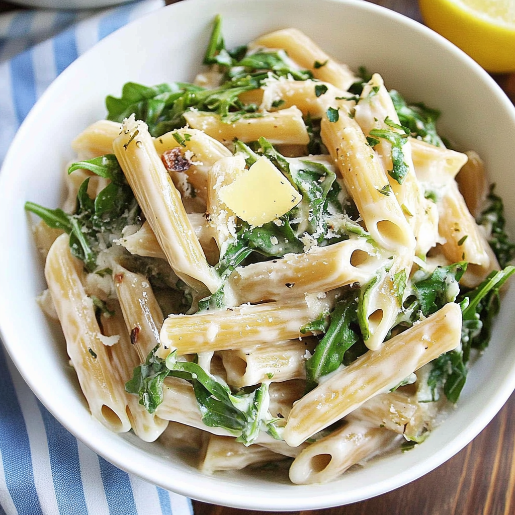 Recipe preparation for Lemon Arugula Pasta with Burrata