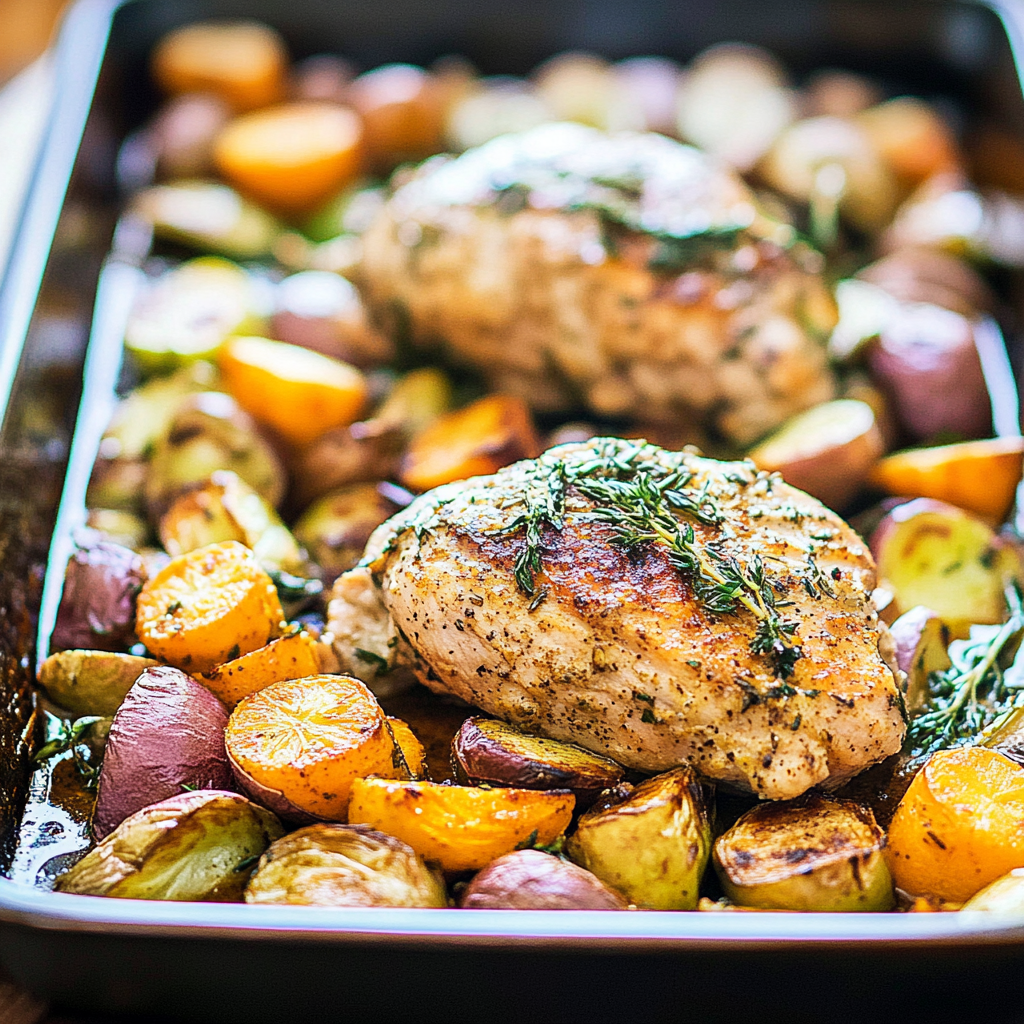 Recipe preparation for Sheet Pan Chicken with Sweet Potatoes, Apples and Brussels Sprouts