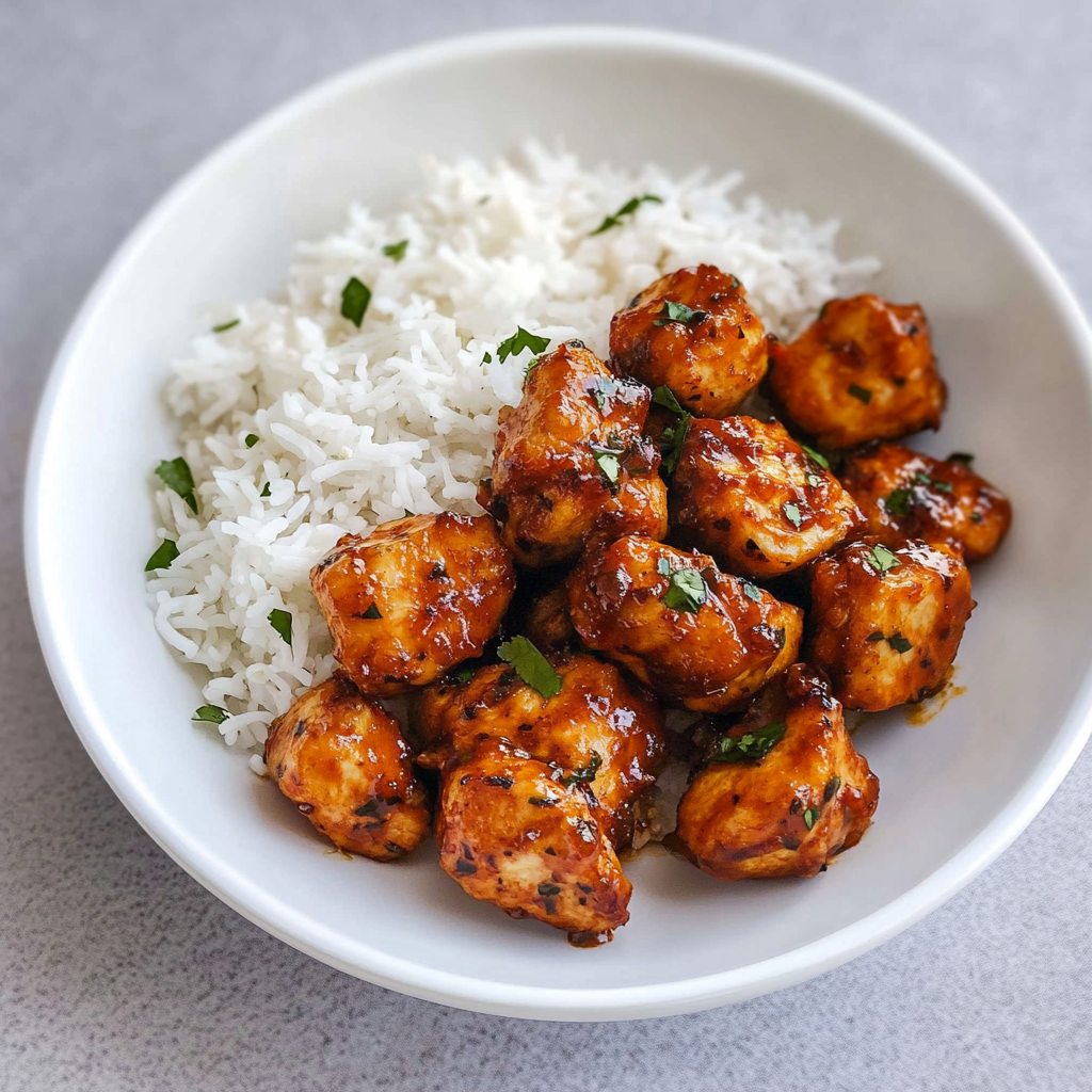 Recipe preparation for Garlic Butter Chicken Bites with Rice