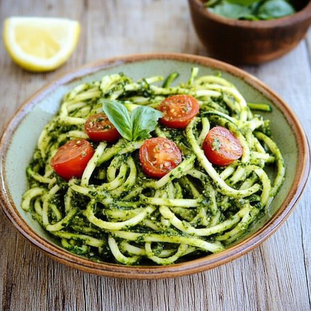 Recipe preparation for Zucchini Noodles with Pesto