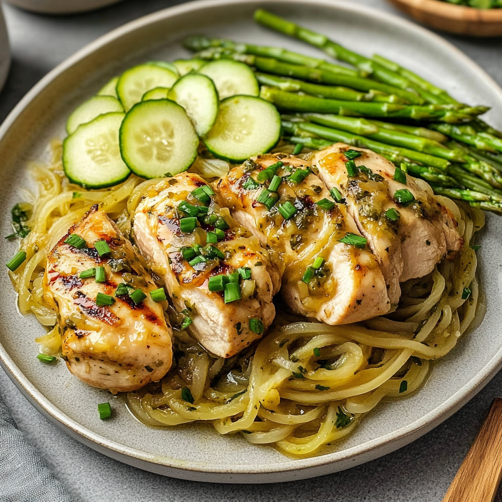 Recipe preparation for Grilled Lemon Herb Chicken with Garlic Butter Asparagus and Zucchini Noodles